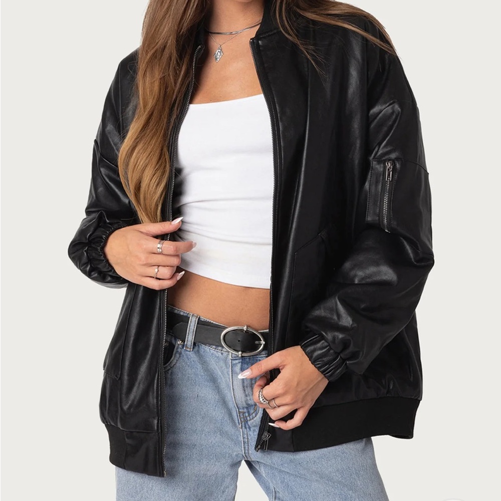 Edikted Black Oversized Faux Leather Jacket